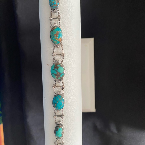 Turquoise & Silver Bracelet w/ Mine Cut Diamond Spacers - 7” length. - Picture 5 of 6